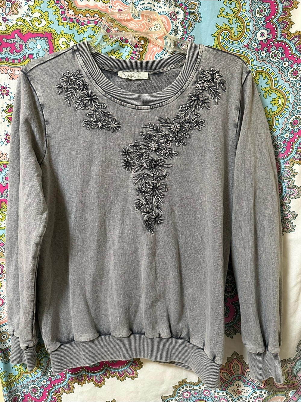 Solitaire Gray Floral-Applique Crewneck Sweater